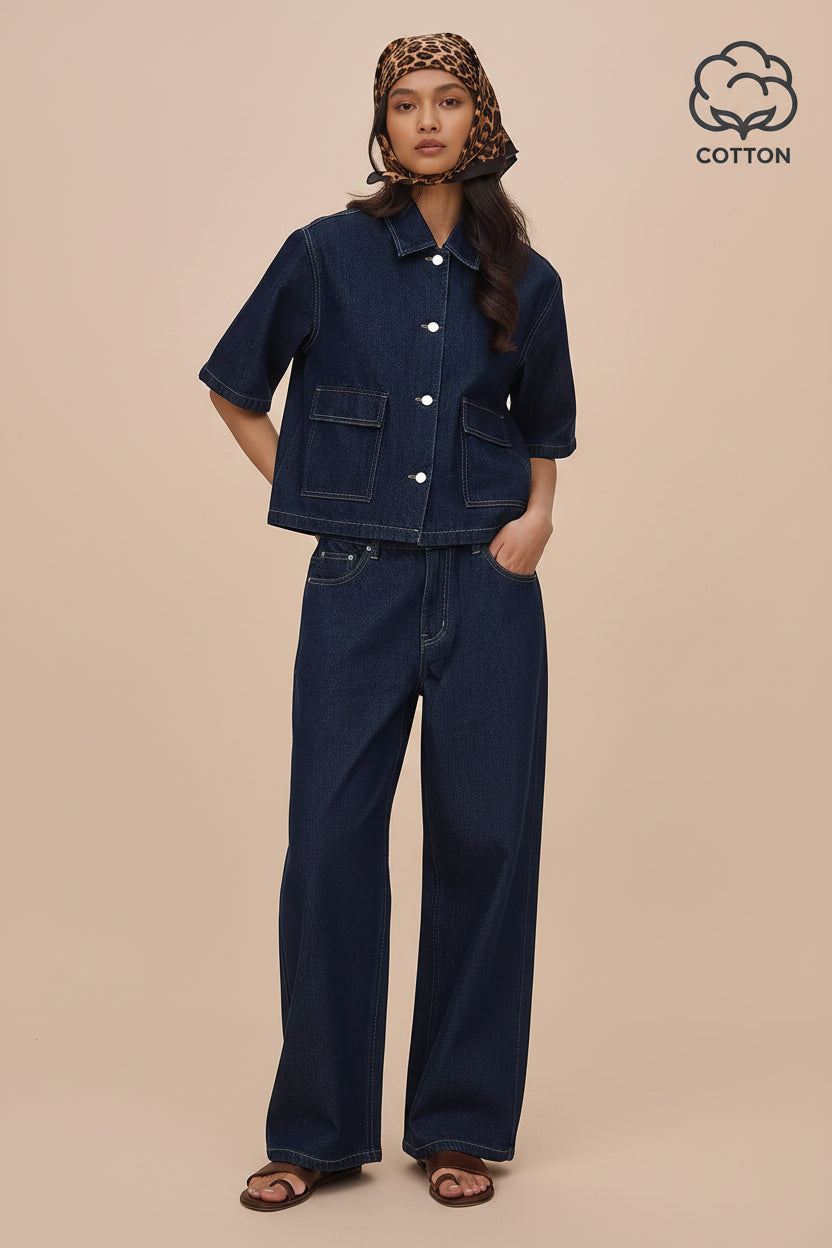 Tiefblaues Kurzarm-Denim-Top