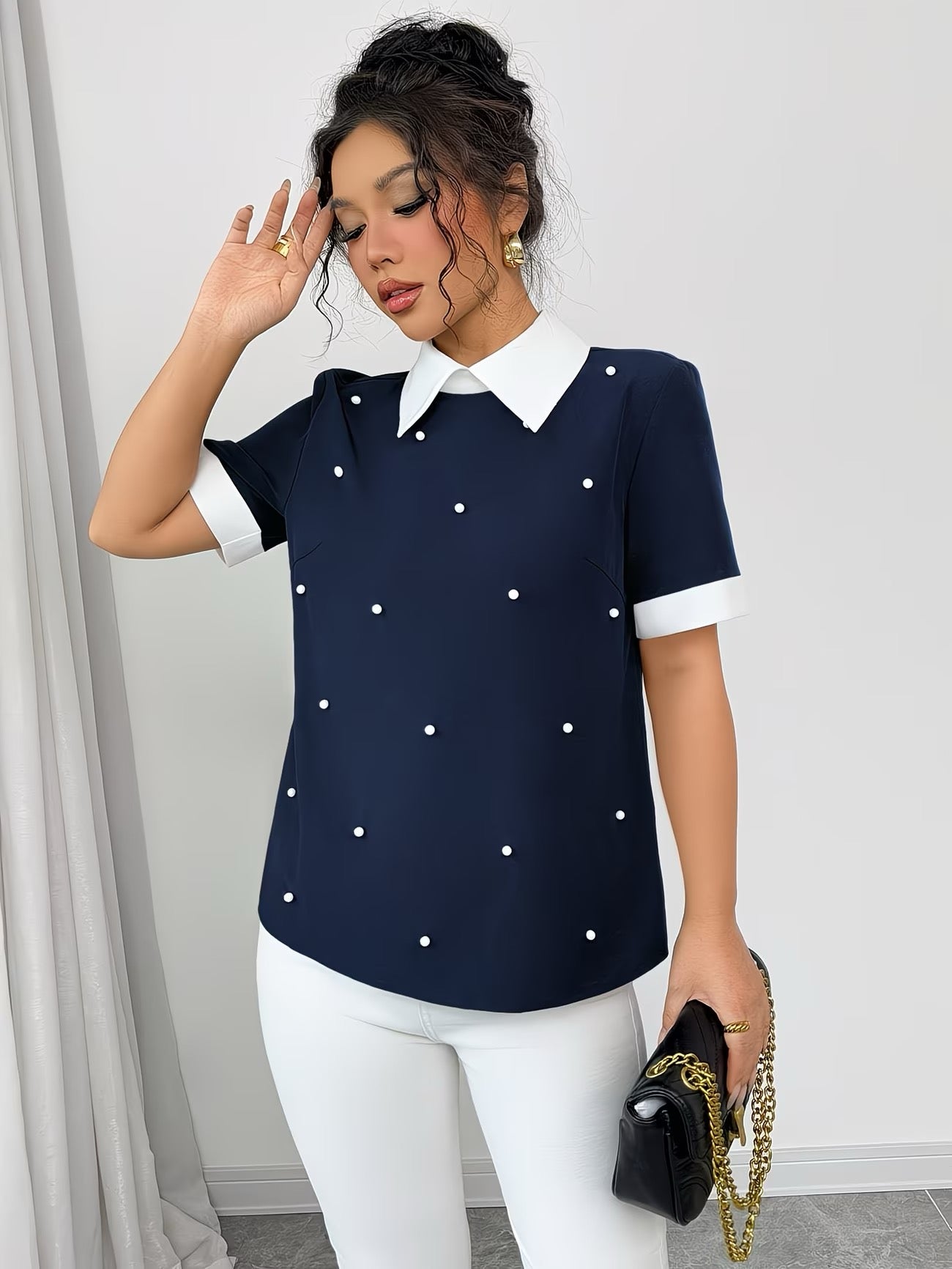 Chemise patchwork à col boutonné et manches courtes