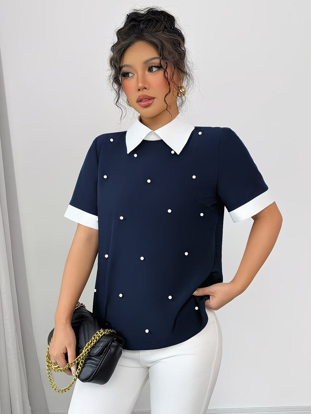 Chemise patchwork à col boutonné et manches courtes